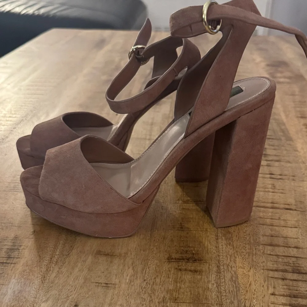 AQUA BLOOMINGDALES Mardi tan Brown leather Suede Platform Sandals heels ankle